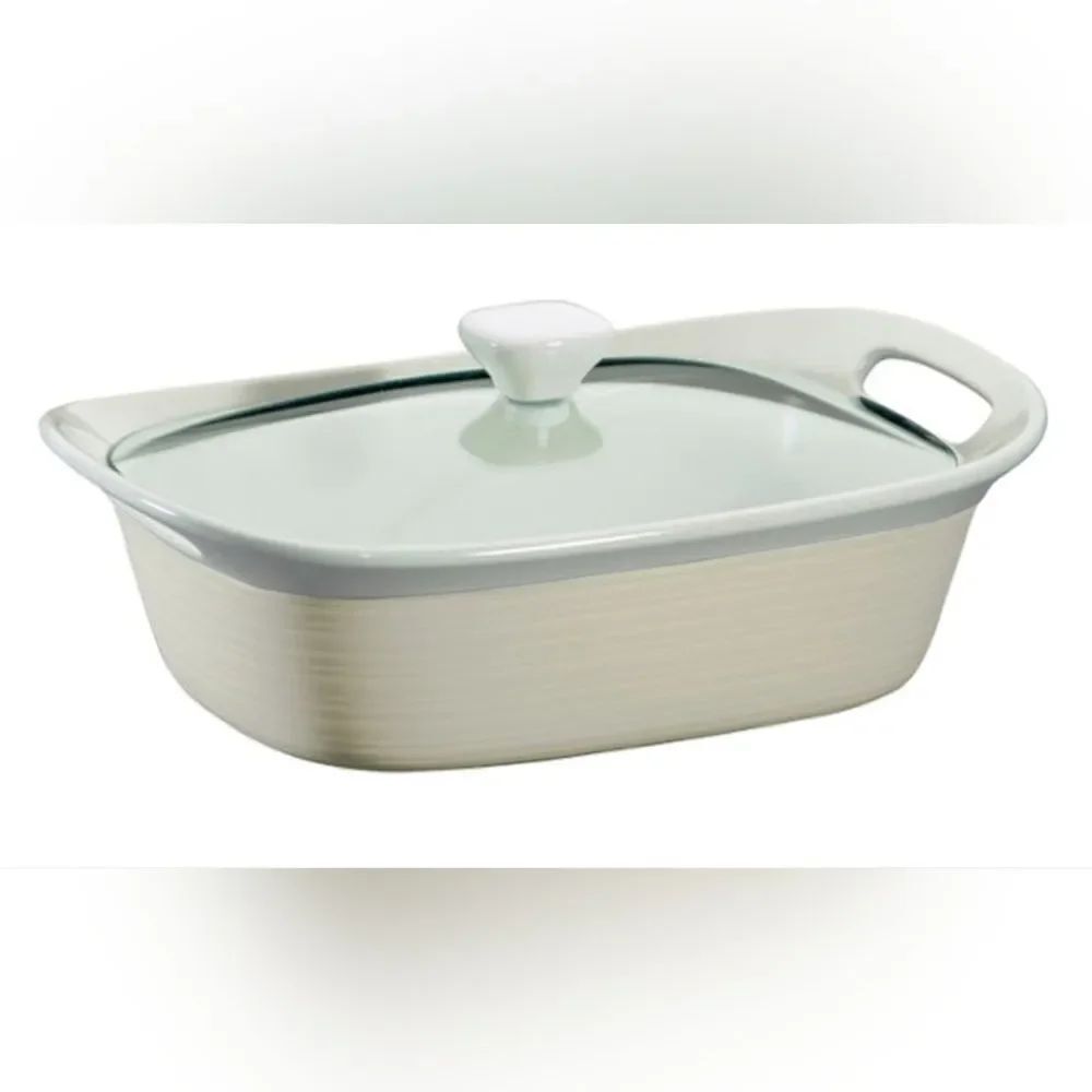 🔹️Corningware Etch Taupe 2.5-Quart Oblong Stoneware Baking Dish w/Glass Lid
